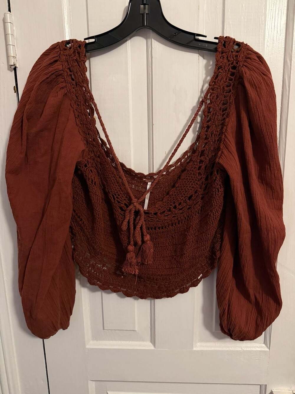 Free People Cynthia Crochet Top Brick Rust Brown Smocked Crop Top Small